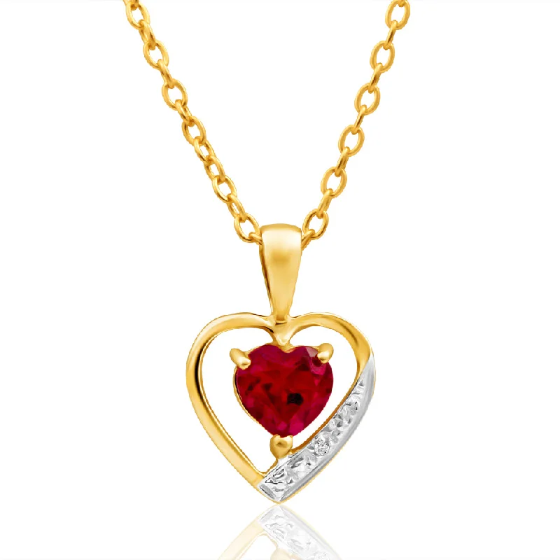 9ct Alluring Yellow Gold Created Ruby + Diamond Pendant