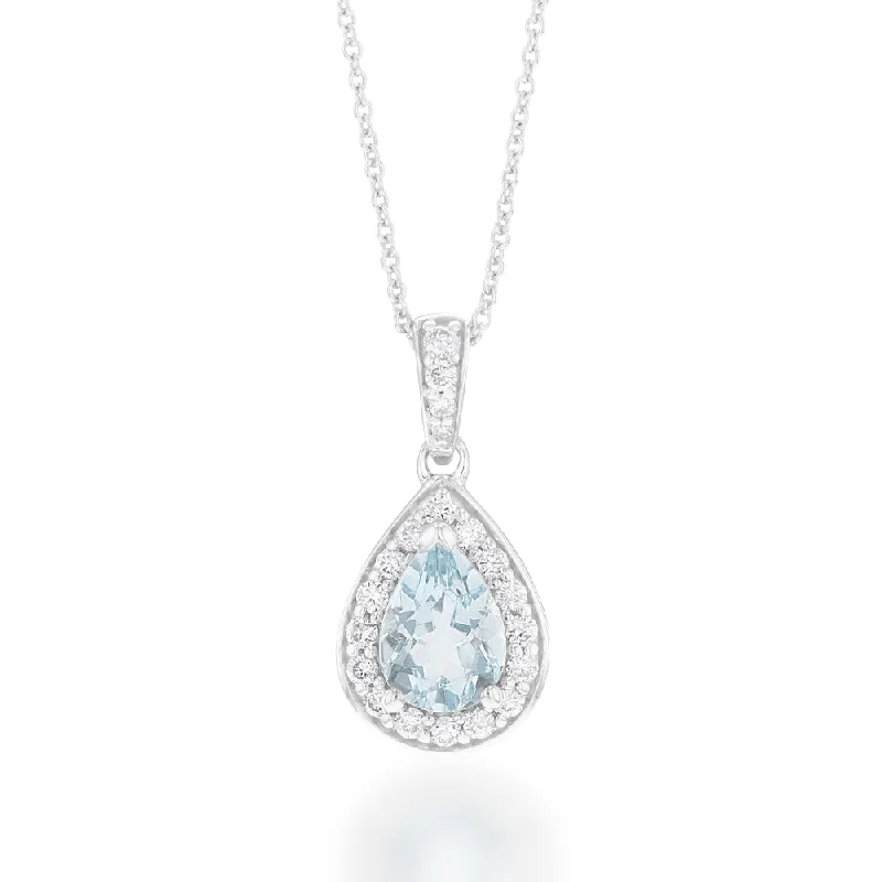 9ct White Gold 7x5mm 0.65ct Aquamarine and 0.15ct Diamond Pear Pendant on 45cm Chain