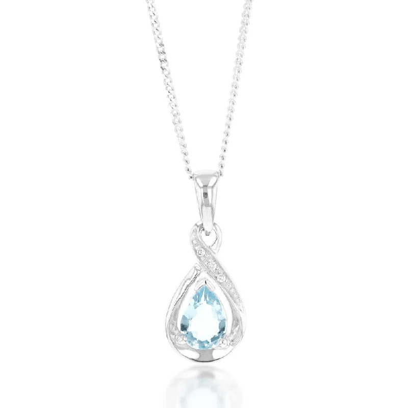 9ct White Gold Pear Shaped Aquamarine + Diamond Pendant