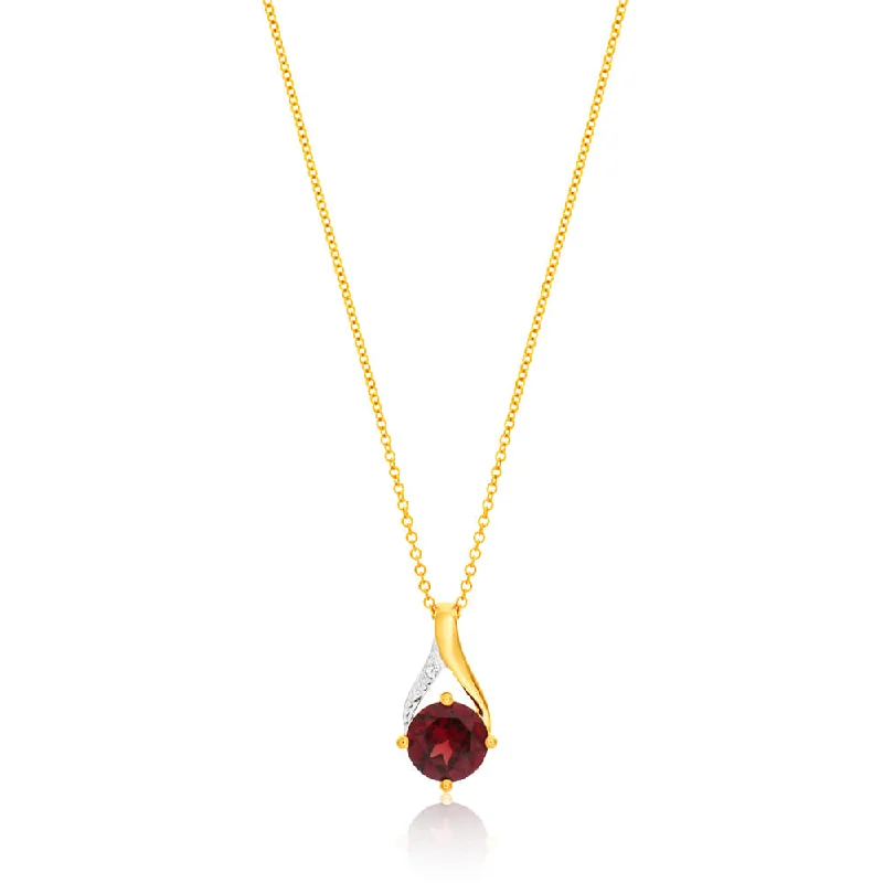 9ct Yellow Gold Garnet and Diamond Pendant With 45cm Chain