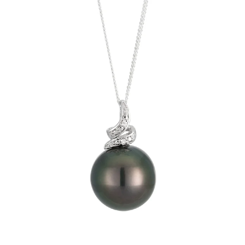 Tahitian South Sea Pearl & Diamond Pendant on 45cm Sterling Silver Chain