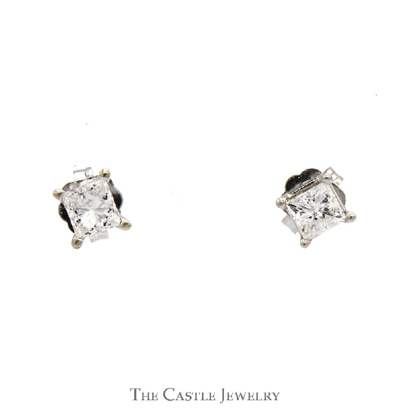 1/2cttw Princess Cut Diamond Stud Earrings in 14k White Gold Butterfly Pushbacks