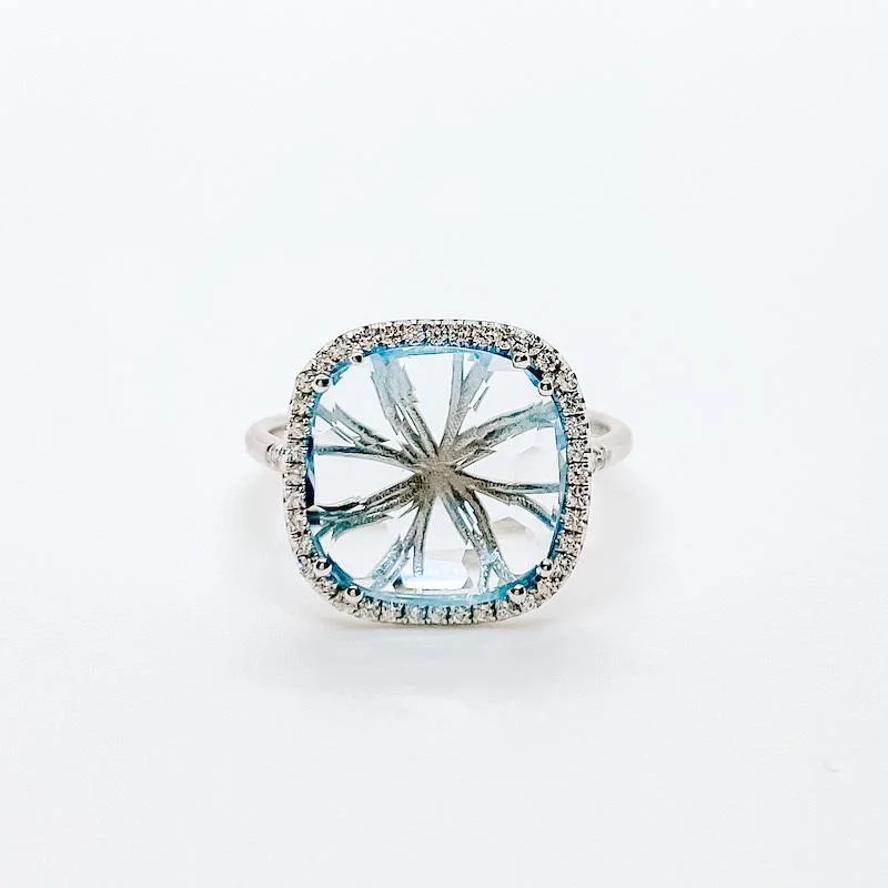 Blue Topaz and Diamond 12mm Cushion Cut Ring