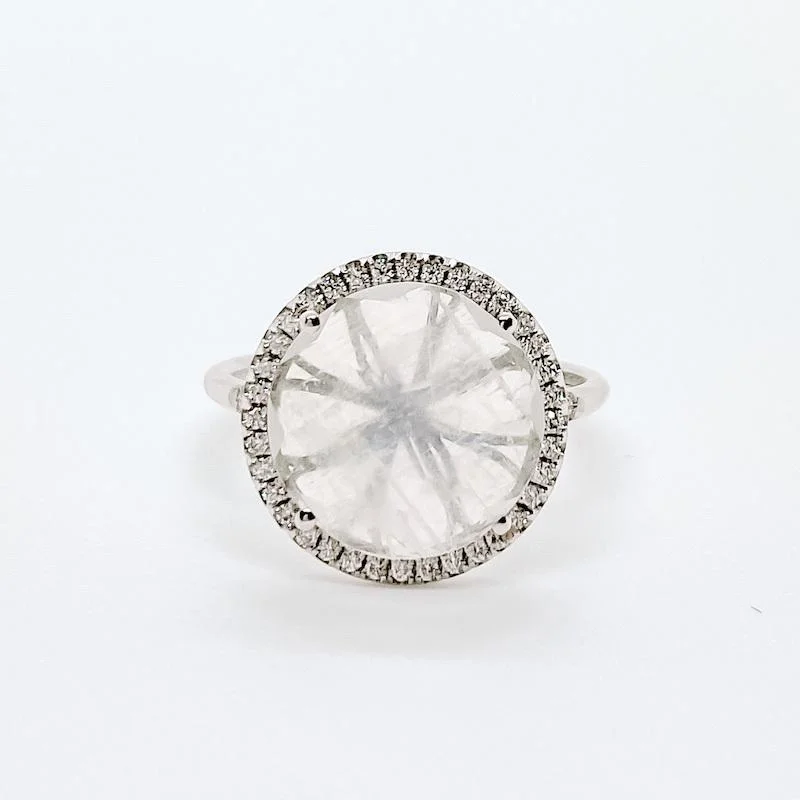 Rainbow Moonstone 12mm Diamond Bezel Round Ring