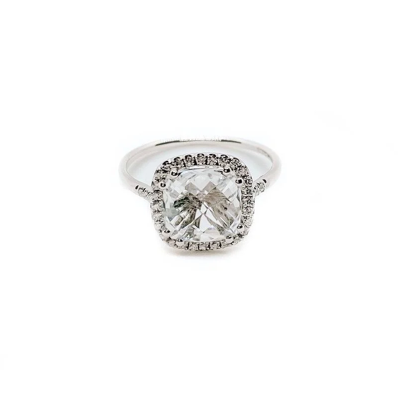 White Topaz 8mm Diamond Bezel Cushion Ring