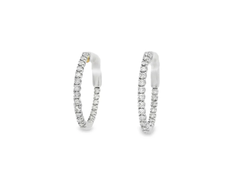 14K White Gold Oval Natural Diamond Hoops - .75ctw