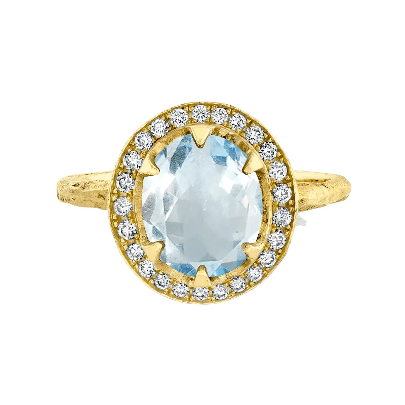 18k Queen Oval Aquamarine Ring with Full Pavé Diamond Halo