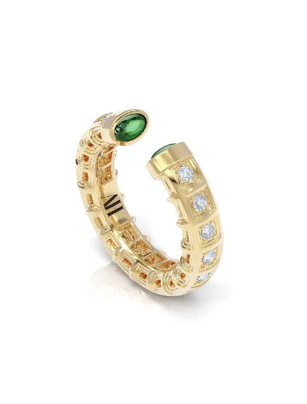 The Open Odeon, 18K Gold, Tsavorite + Diamond Ring