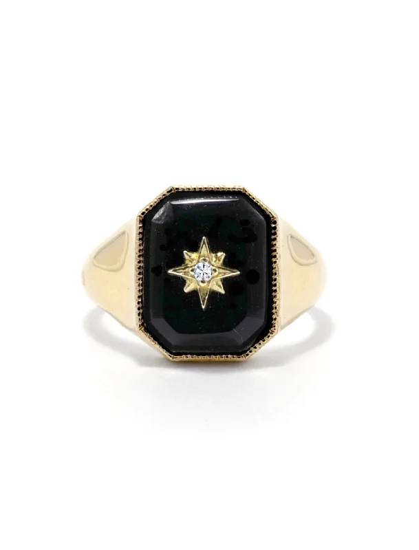 Star, 14K Yellow Gold, Onyx + Diamond Signet