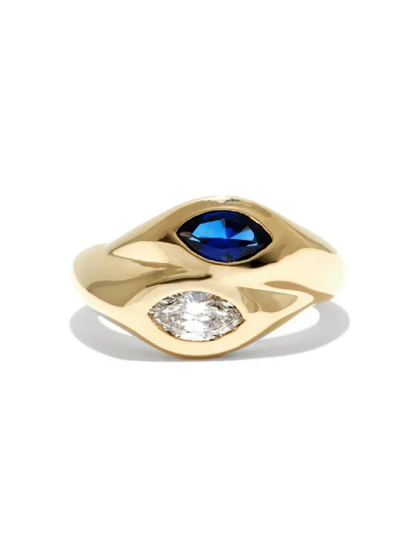 Toi et Moi Marquise Bubble, 14K Yellow Gold, Sapphire + Diamond Ring