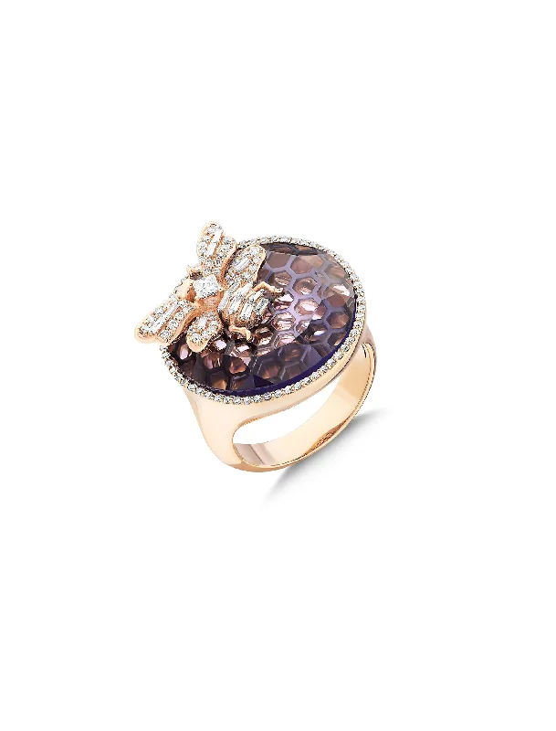 Queen Bee, 14K Yellow Gold, Diamond + Amethyst Ring