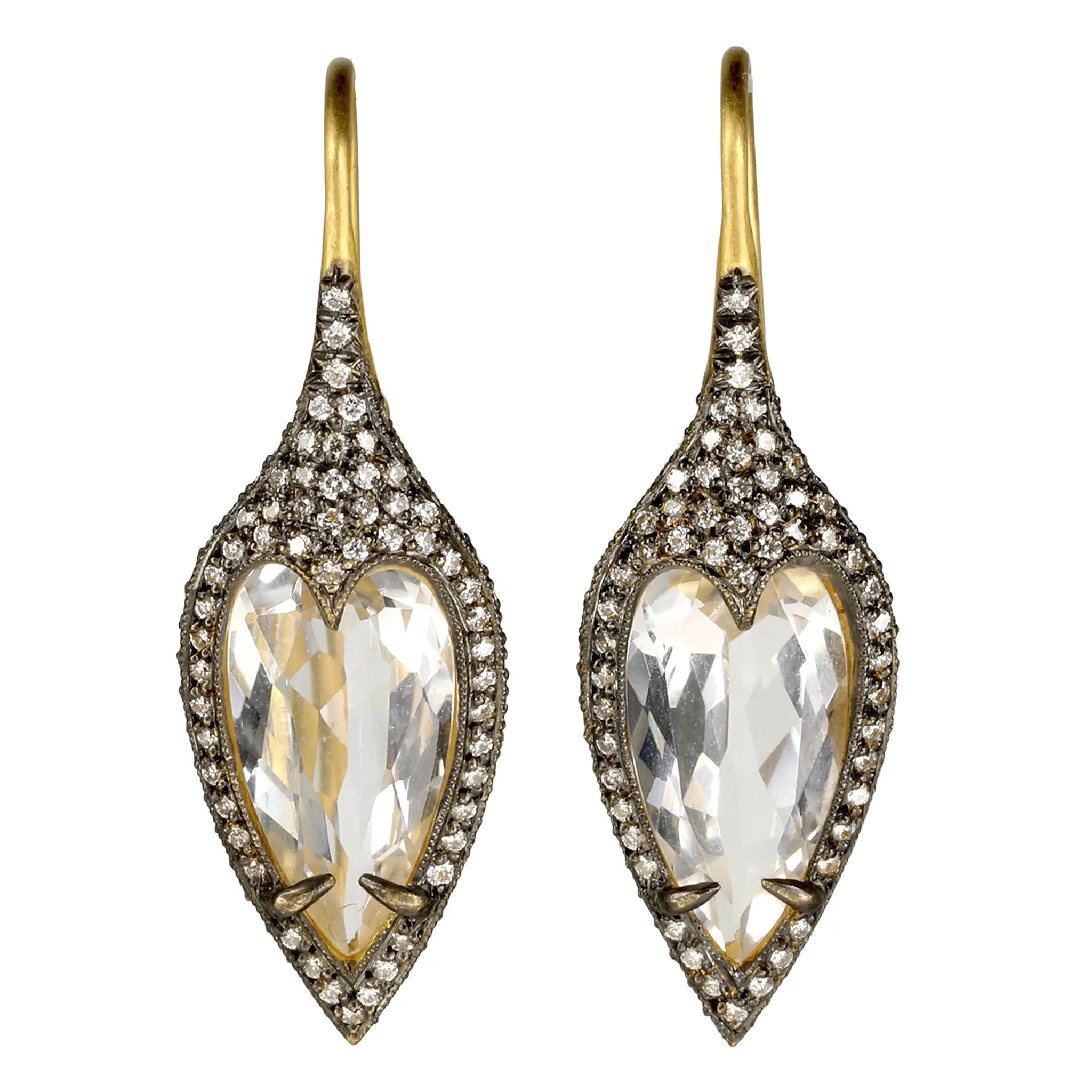 Blackened 22K Gold White Topaz "Jeweled Thorn" Earrings with Diamonds