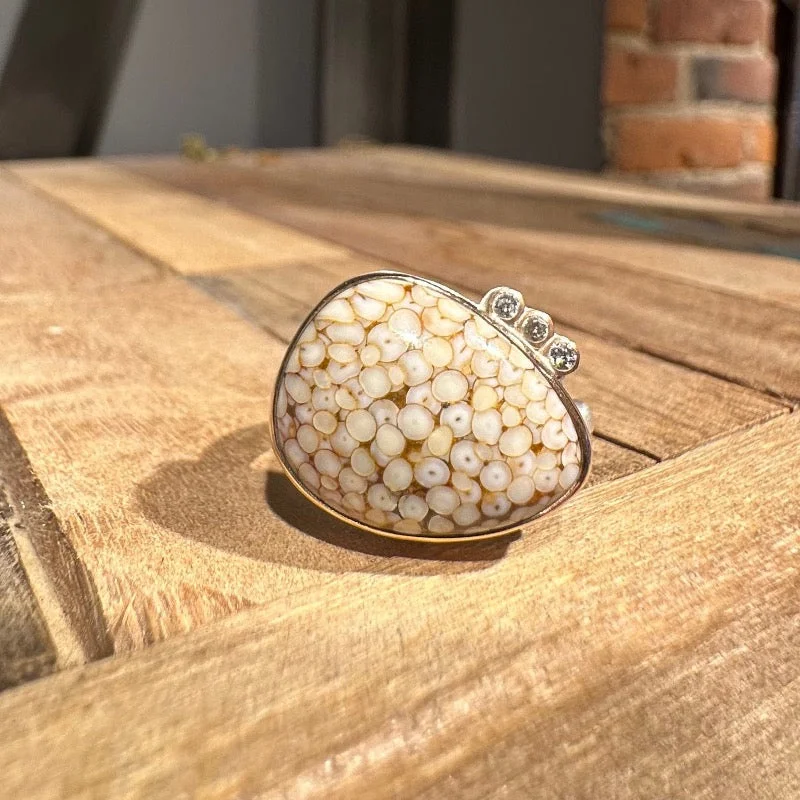 Asymmetrical Snakeskin Agate Ring with Triple Satellite Diamonds