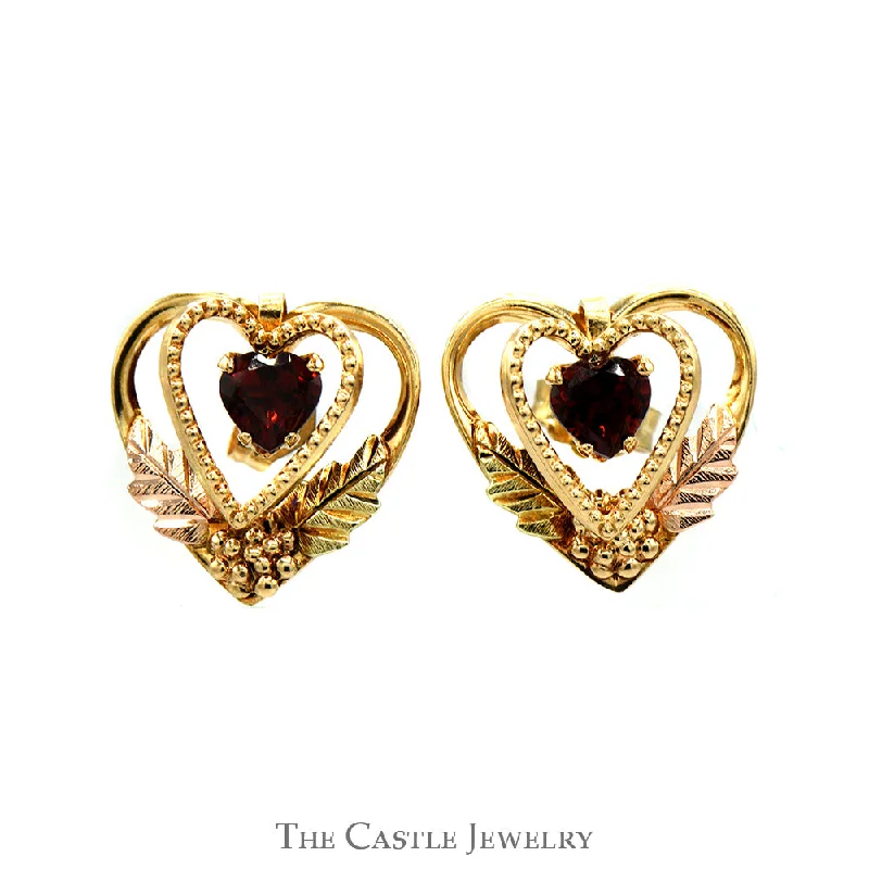 Heart Cut Garnet Earrings in Double Open Heart Design with Two Tone Leaf Accents in 10k Yellow and Rose Gold