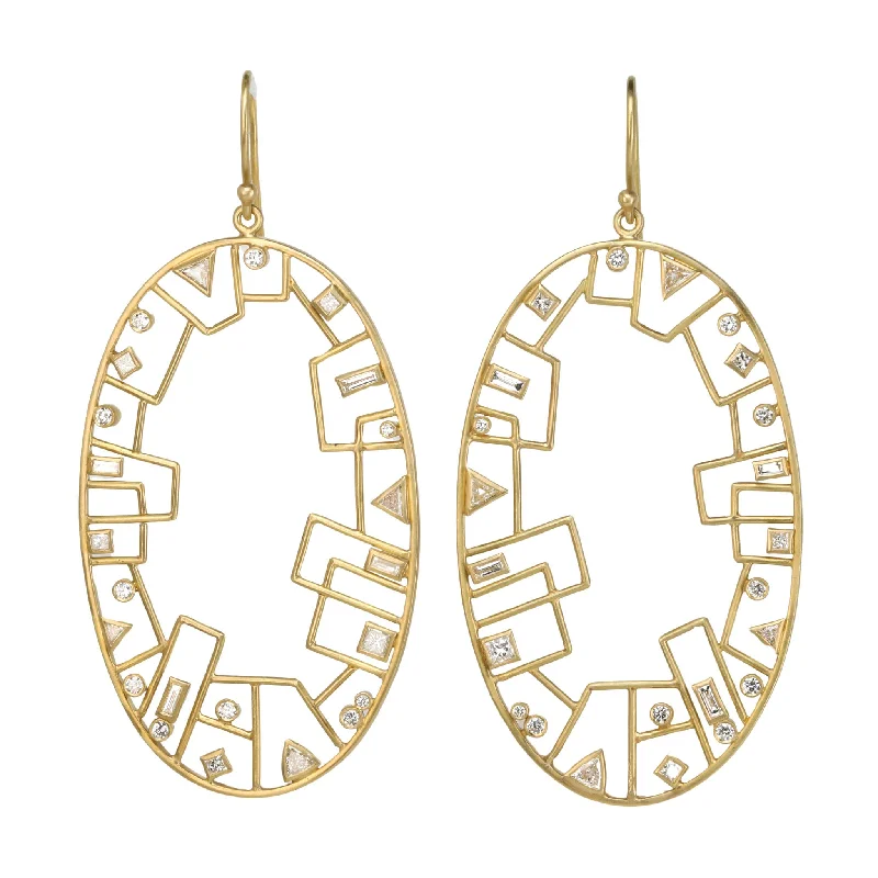 18K Gold "Large Grid Skyline" Front-Facing Hoops with Diamonds