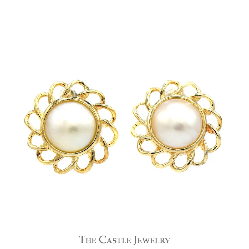 Mabe Pearl Earrings with Open Scalloped Bezels in 14k Yellow Gold Butterfly Pushbacks