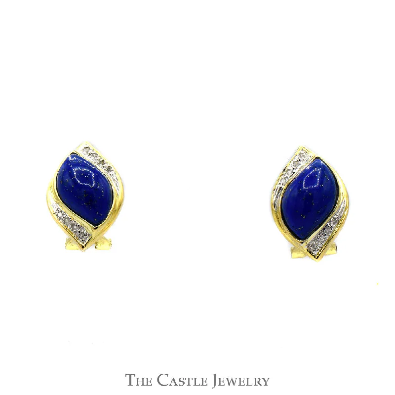 Marquise Shaped Lapis Earrings with Diamond Accents in 14k Yellow Gold