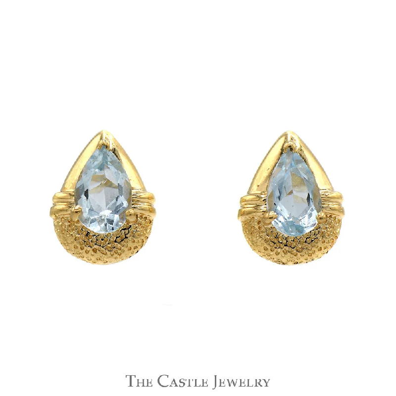 Pear Shaped Blue Topaz Stud Earrings with Tear Drop Shape in 10k Yellow Gold