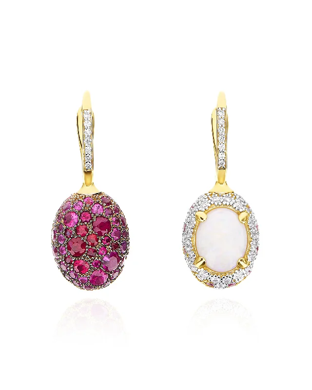 "Reverse" Ciliegine Gold, Pink Sapphires, Rubies, White Australian Opal and Diamonds Double-face Ball Drop Earrings (MEDIUM)