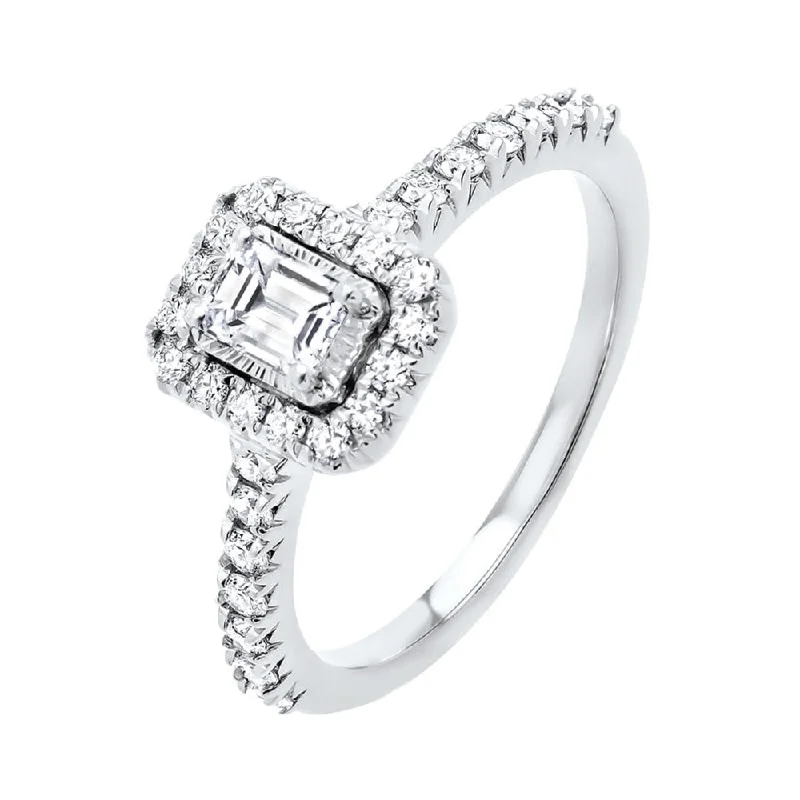 Emerald Cut Starburst Halo Diamond Engagement Ring In 14k White Gold (1ctw)