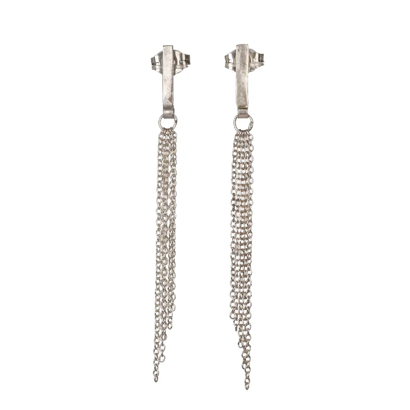 The "Olive" Sterling Silver Post Earrings with Angled Chain Fringe Attached to a Flat Bar