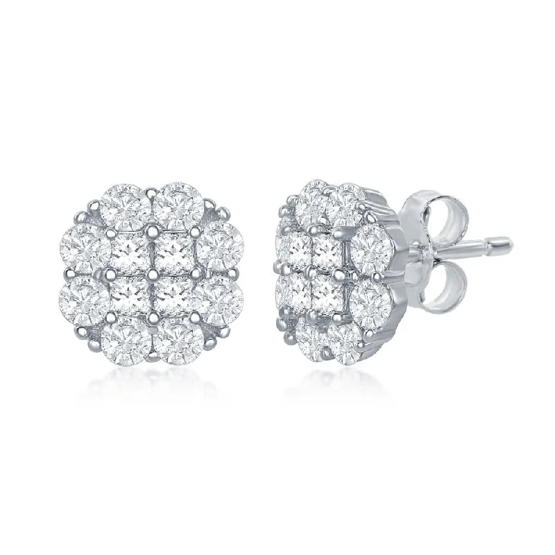 Silver CZ Flower Design Stud Earrings