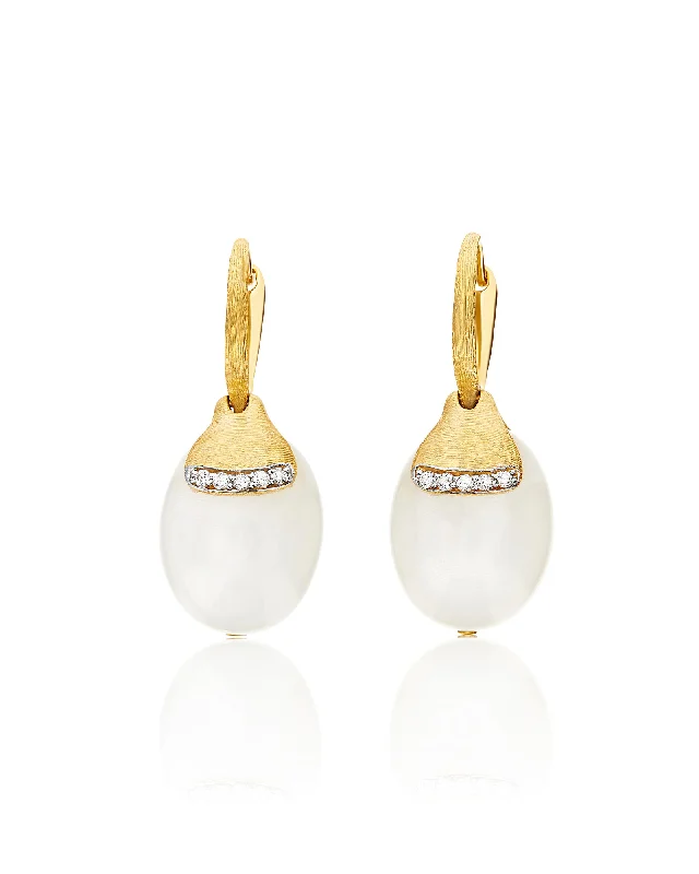 "White Desert" Ciliegine Gold and White Moonstone Ball Drop Earrings with Diamonds Details (LARGE)