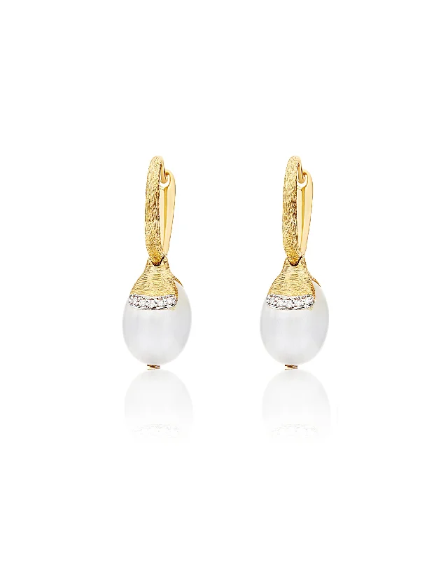 "White Desert" Ciliegine Gold and White Moonstone Ball Drop Earrings with Diamonds Details (SMALL)