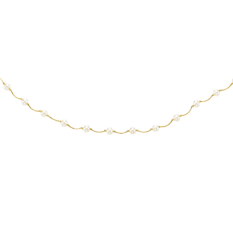 14K Gold Pearl Station Scalloped Necklace