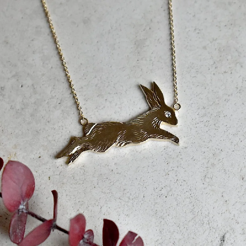 14ky Leaping Rabbit Necklace with Diamond Eye