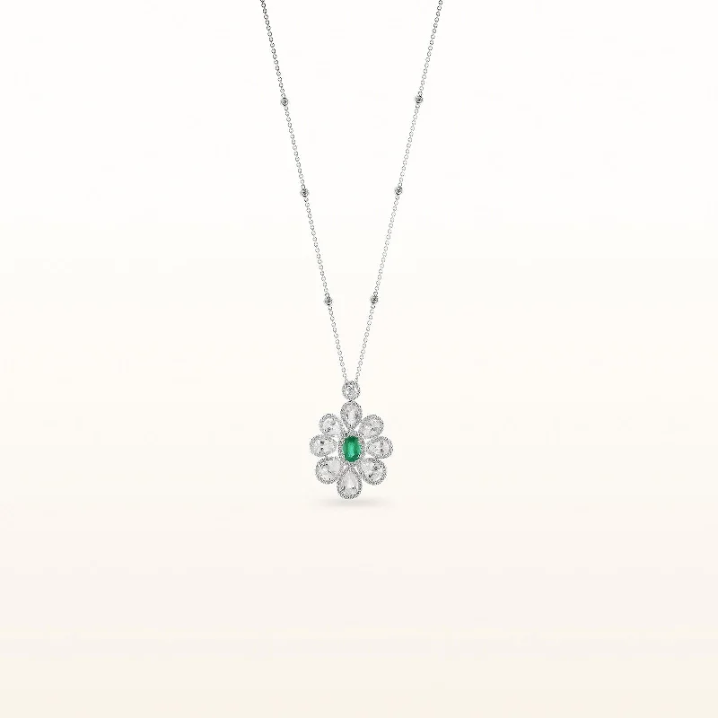 6.54 ctw Emerald, White Sapphire, and Diamond Flower Pendant in 18kt White Gold