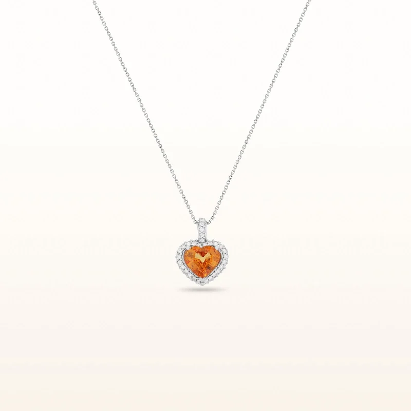 Heart Shaped Orange Sapphire and Diamond Pendant in 14kt White Gold