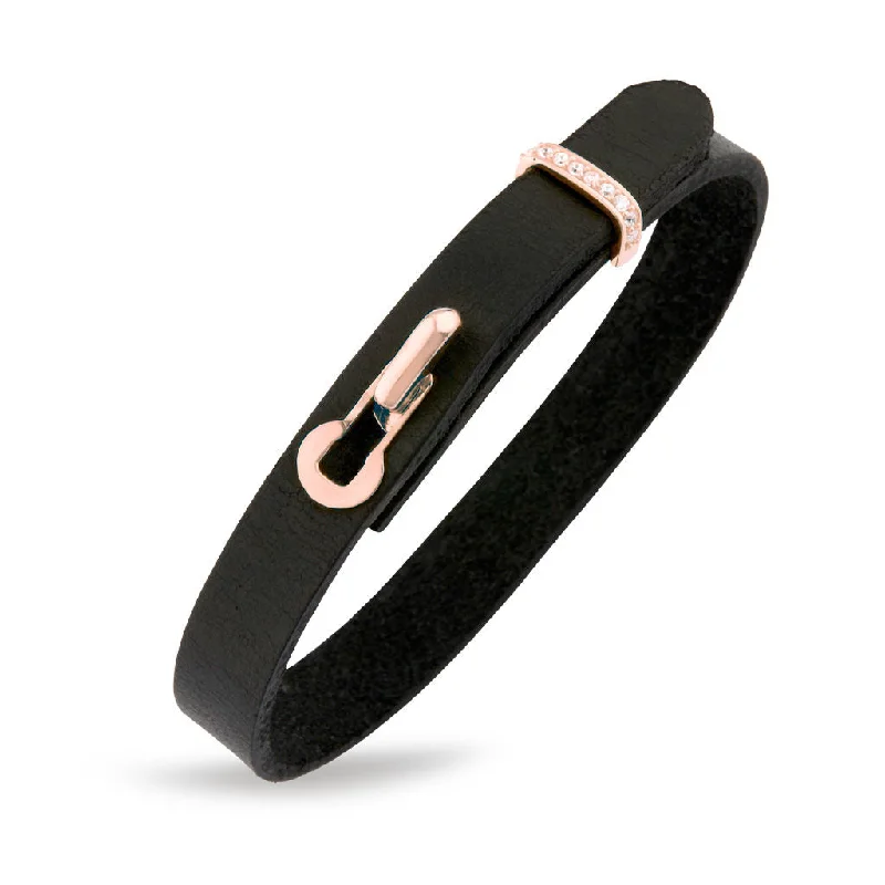 Revolution Black Leather 18K Rosegold Bracelet w. Diamonds