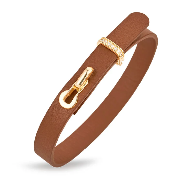 Revolution Brown Leather 18K Gold Bracelet w. Diamonds