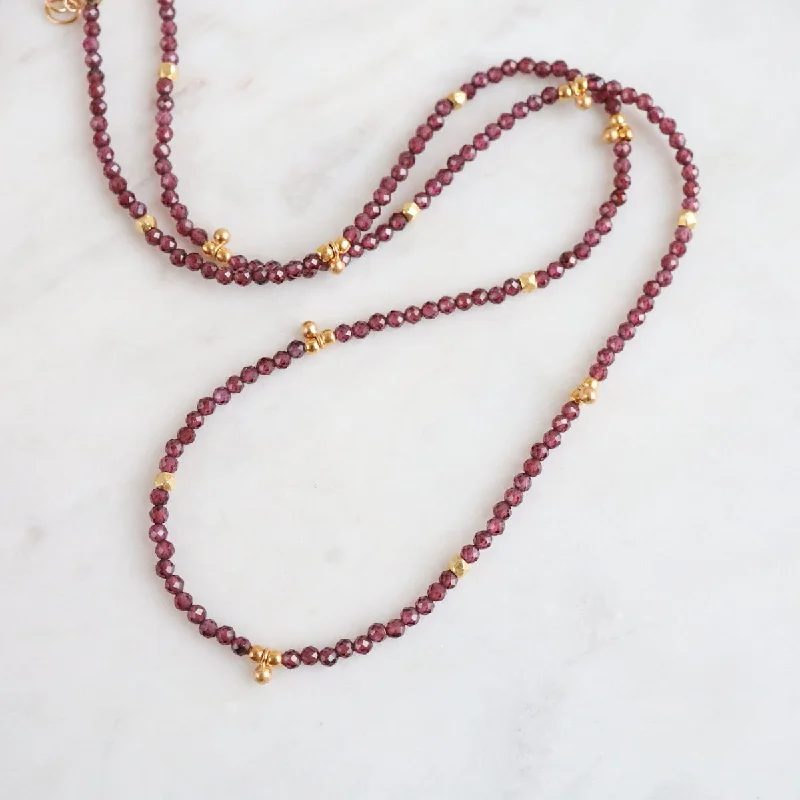 Red Garnet Tiny Gold Ball Charms Necklace