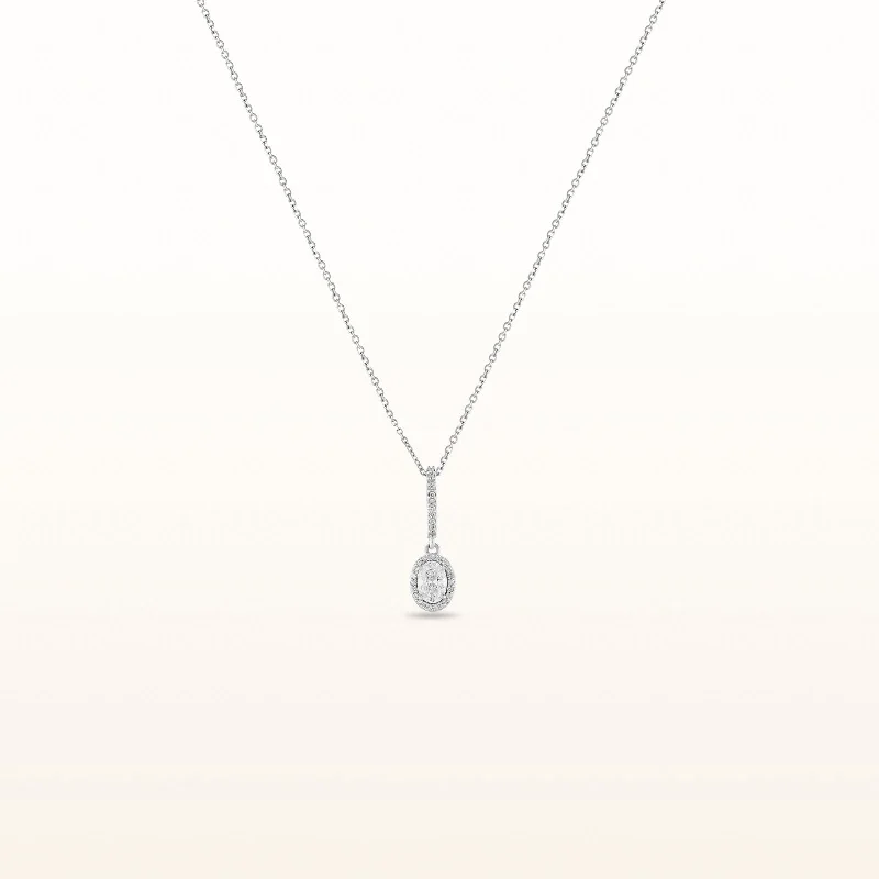 Oval Diamond Halo Drop Pendant in 14kt White Gold