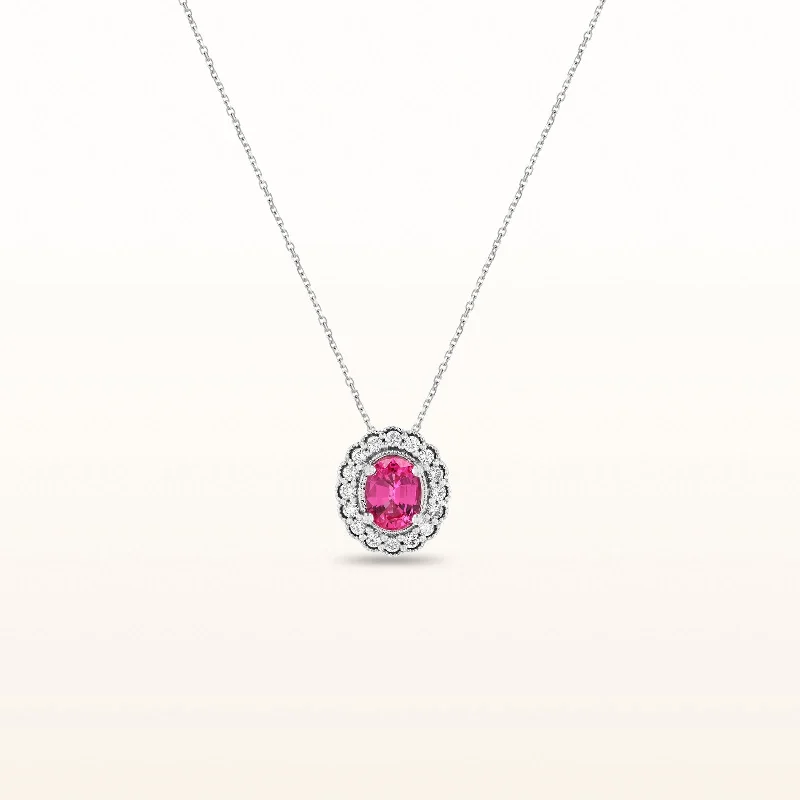 Oval Pink Spinel and Diamond Halo Pendant in 14kt White Gold