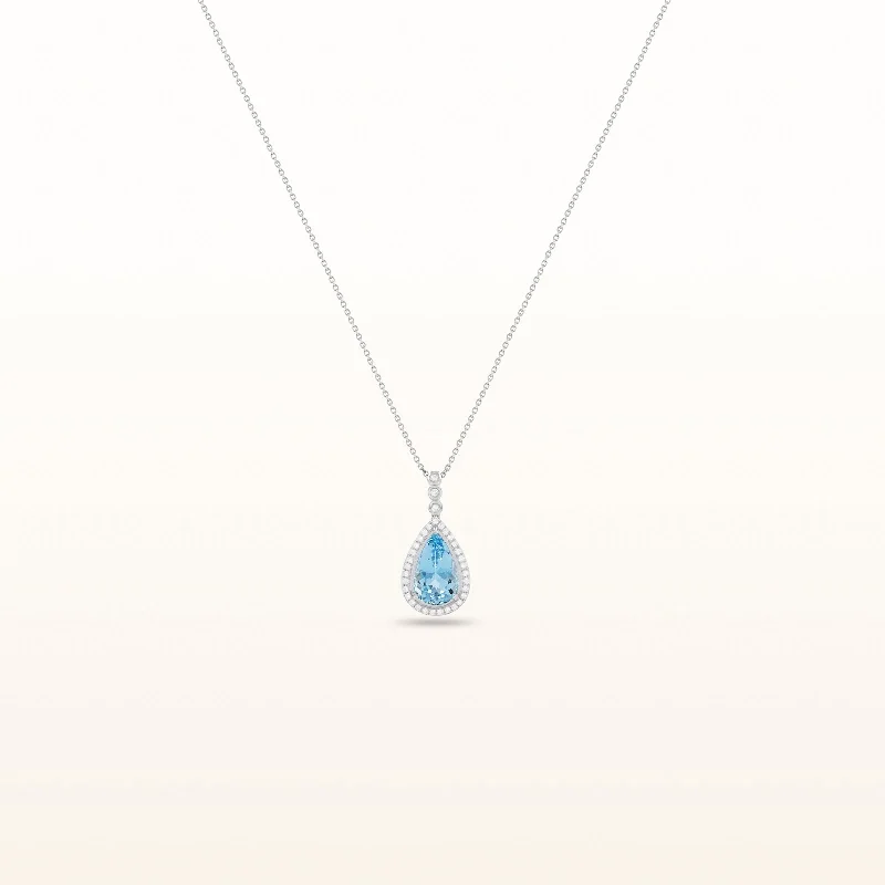 Pear Shaped Aquamarine and Diamond Halo Pendant in 14kt White Gold