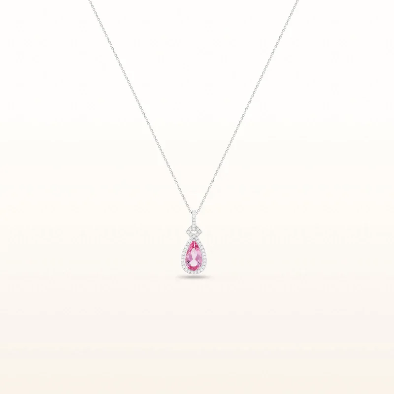 Pear Shaped Pink Morganite and Diamond Halo Pendant in 14kt White Gold