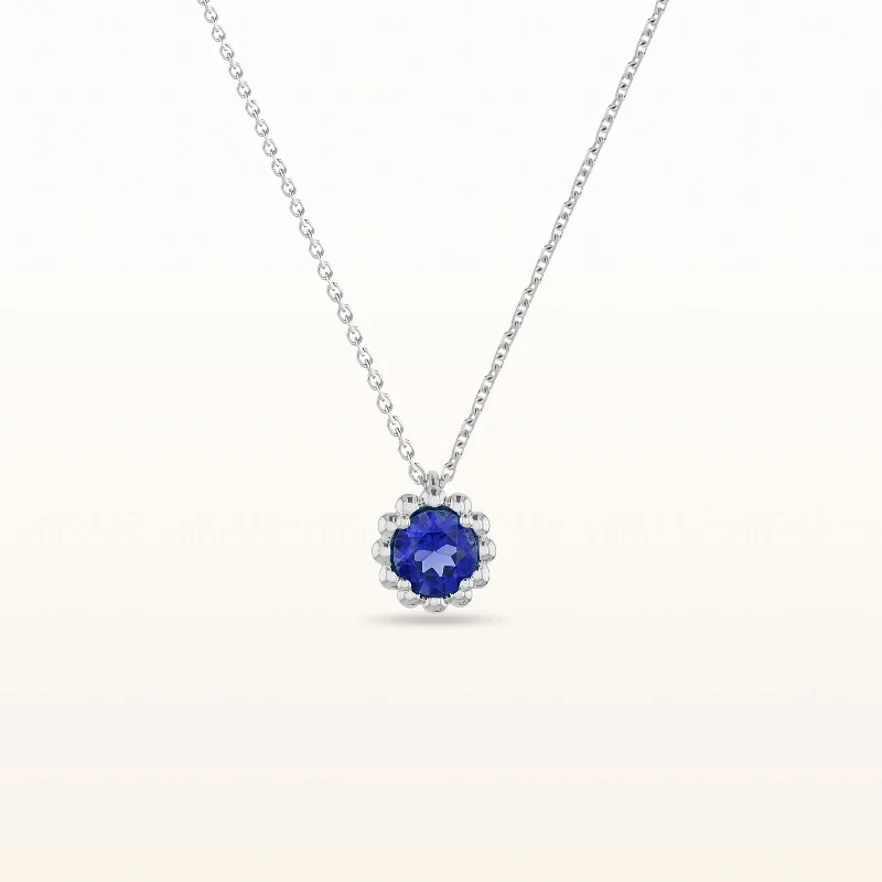 Round Sapphire Beaded Halo Pendant in 14kt White Gold