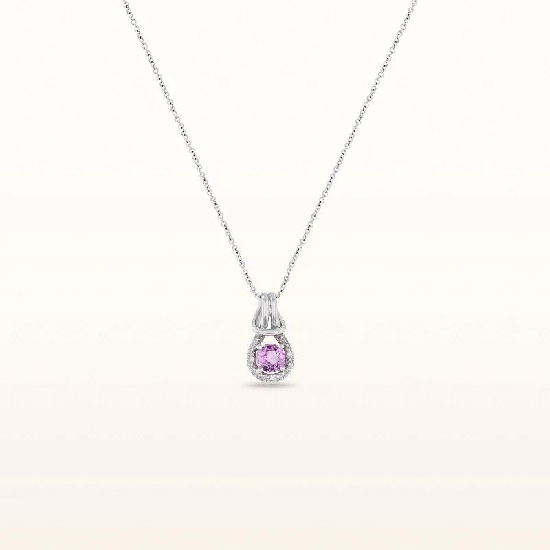 Round Pink Sapphire and Diamond Love Knot Pendant in 14kt White Gold